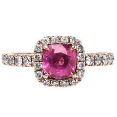 Contemporary Bubblegum Pink Sapphire Diamond Gold Halo Engagement Ring
