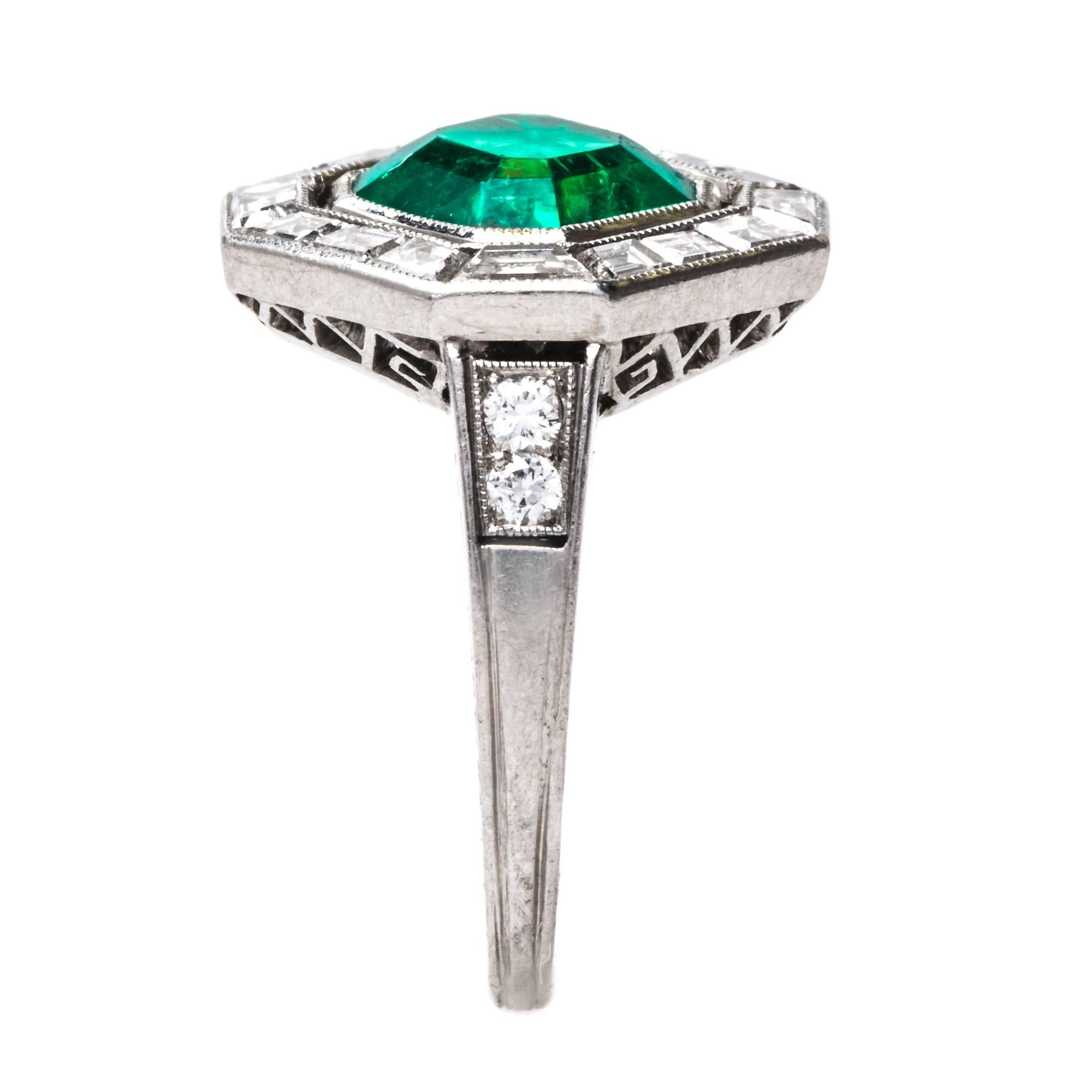 CARTIER Art Deco Emerald Diamond Platinum Art Deco Engagement Ring For Sale 1
