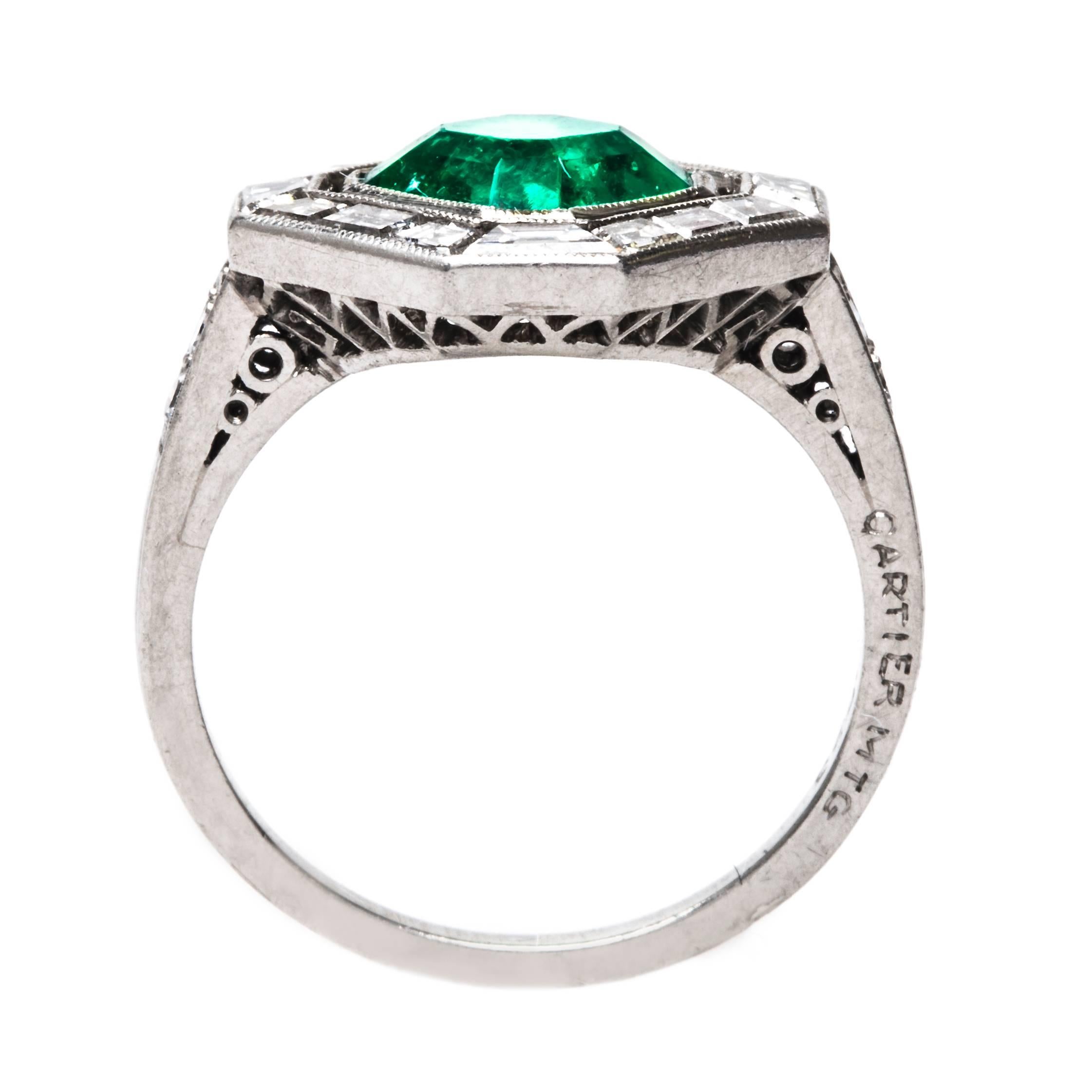 CARTIER Art Deco Emerald Diamond Platinum Art Deco Engagement Ring For Sale 2
