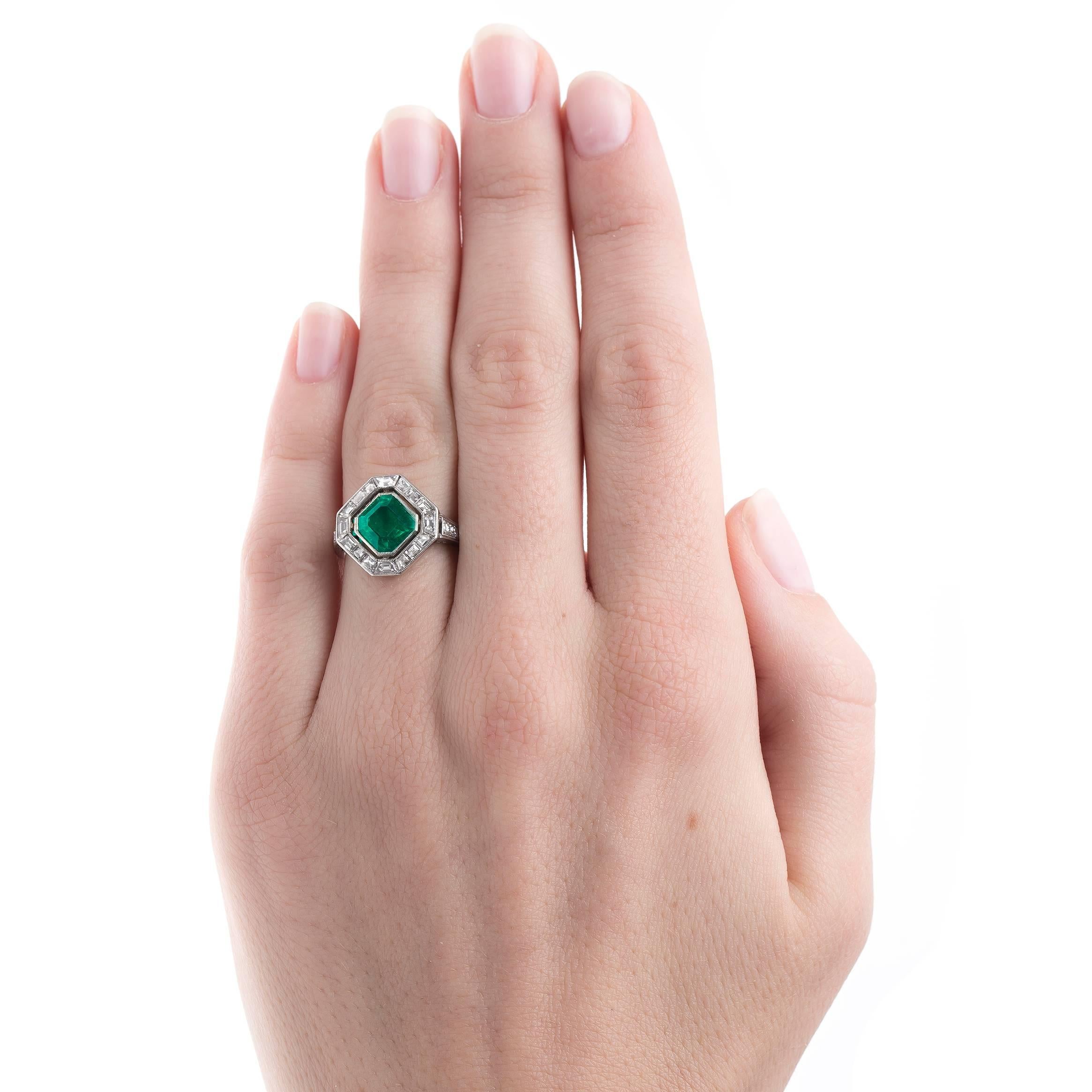 Women's CARTIER Art Deco Emerald Diamond Platinum Art Deco Engagement Ring For Sale