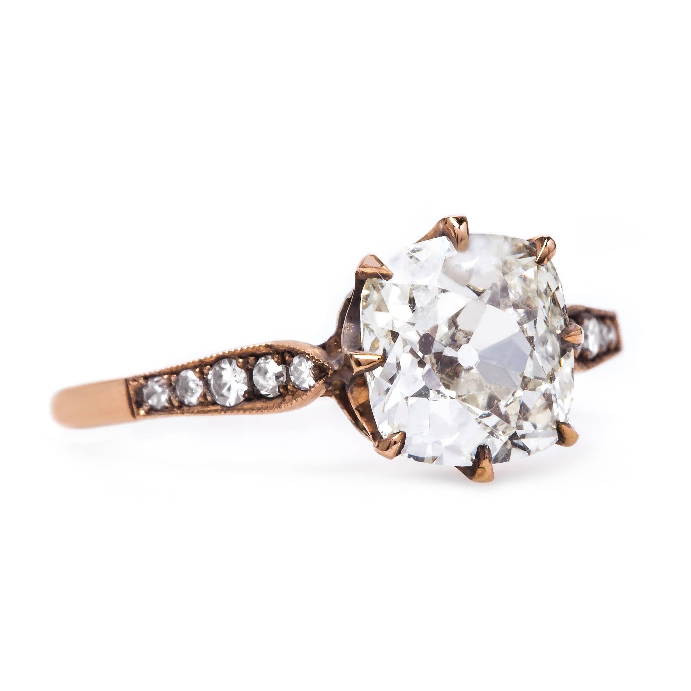 Meridian is a remarkable Trumpet & Horn exclusive handmade vintage-inspired engagement ring set in 18k rose gold. The ring centers a 1.59ct EGL Certified Old Mine Cut diamond graded K color VS2 clarity. This simple engagement ring setting showcases