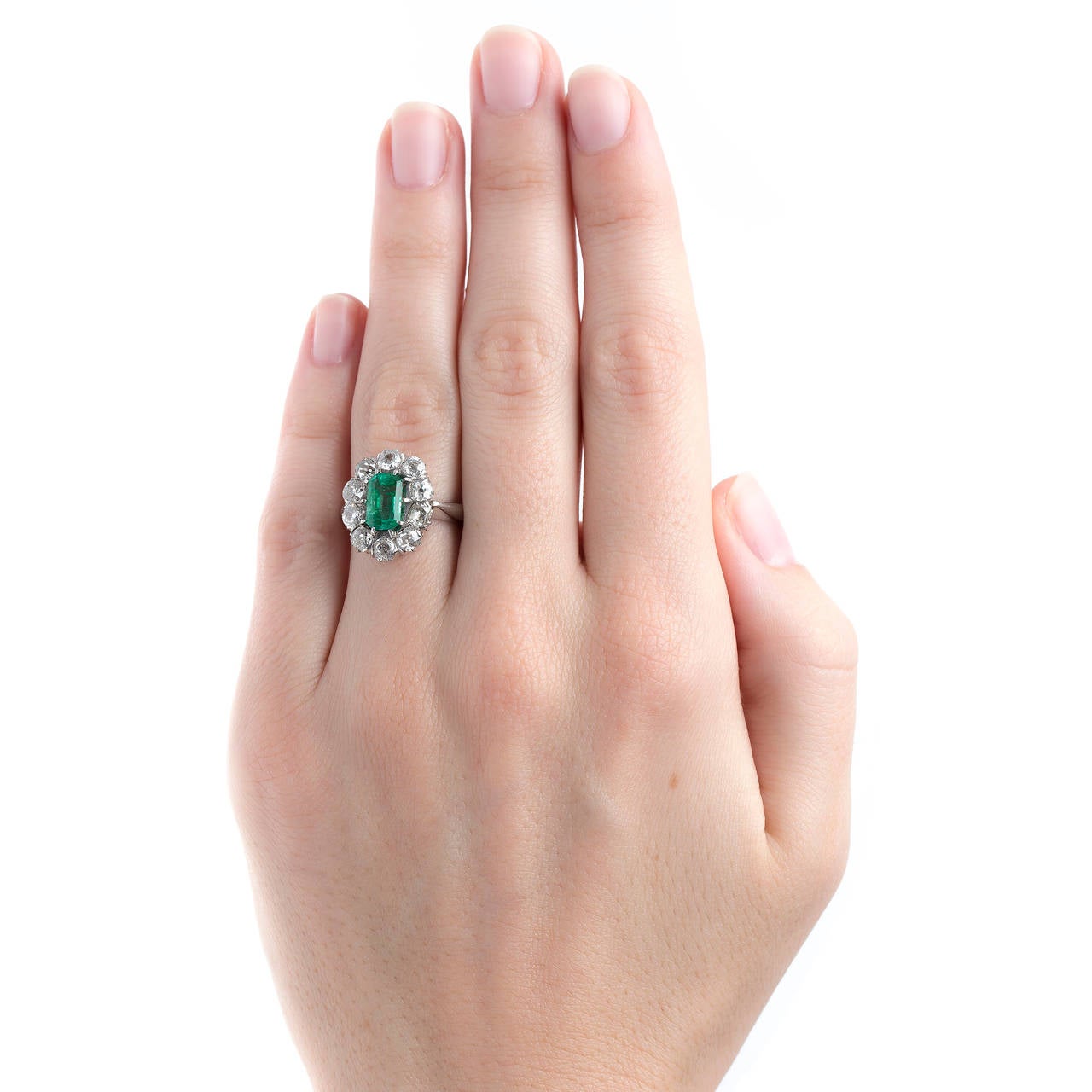 Art Deco Columbian Emerald Engagement Ring with Sparkling Old Mine Cut Diamond Halo