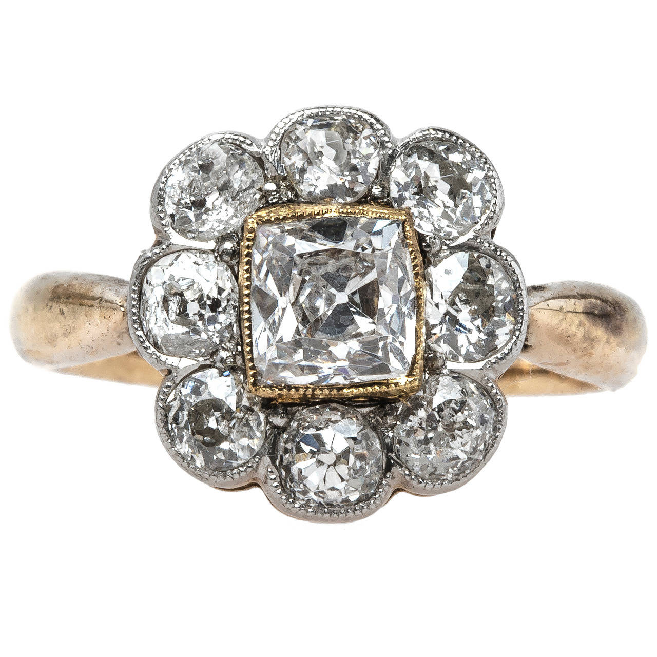 Unique Victorian Era Halo Engagement Ring with Cushion Square Diamond Center