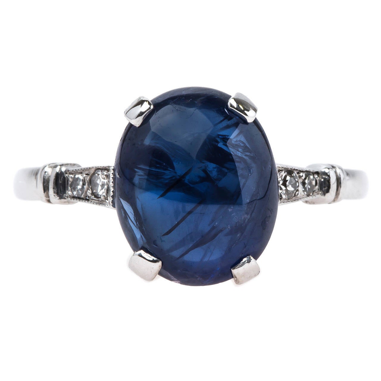 Exemplary Art Deco Natural Cabochon Sapphire Diamond Platinum Engagement Ring