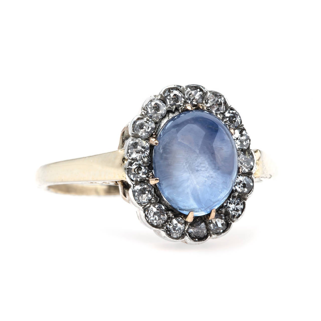 Victorian Dreamy Oval Cabochon Sapphire Engagement Ring with Diamond Halo