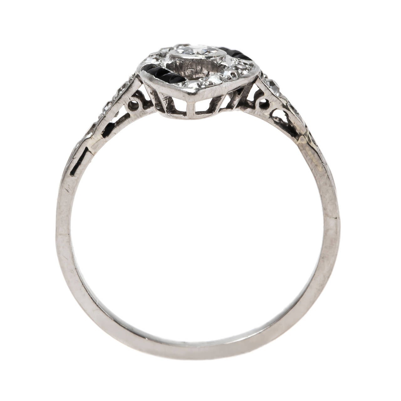Women's Remarkably Unusual Art Deco Navette Shaped Black Onyx Diamond Platinum Ring
