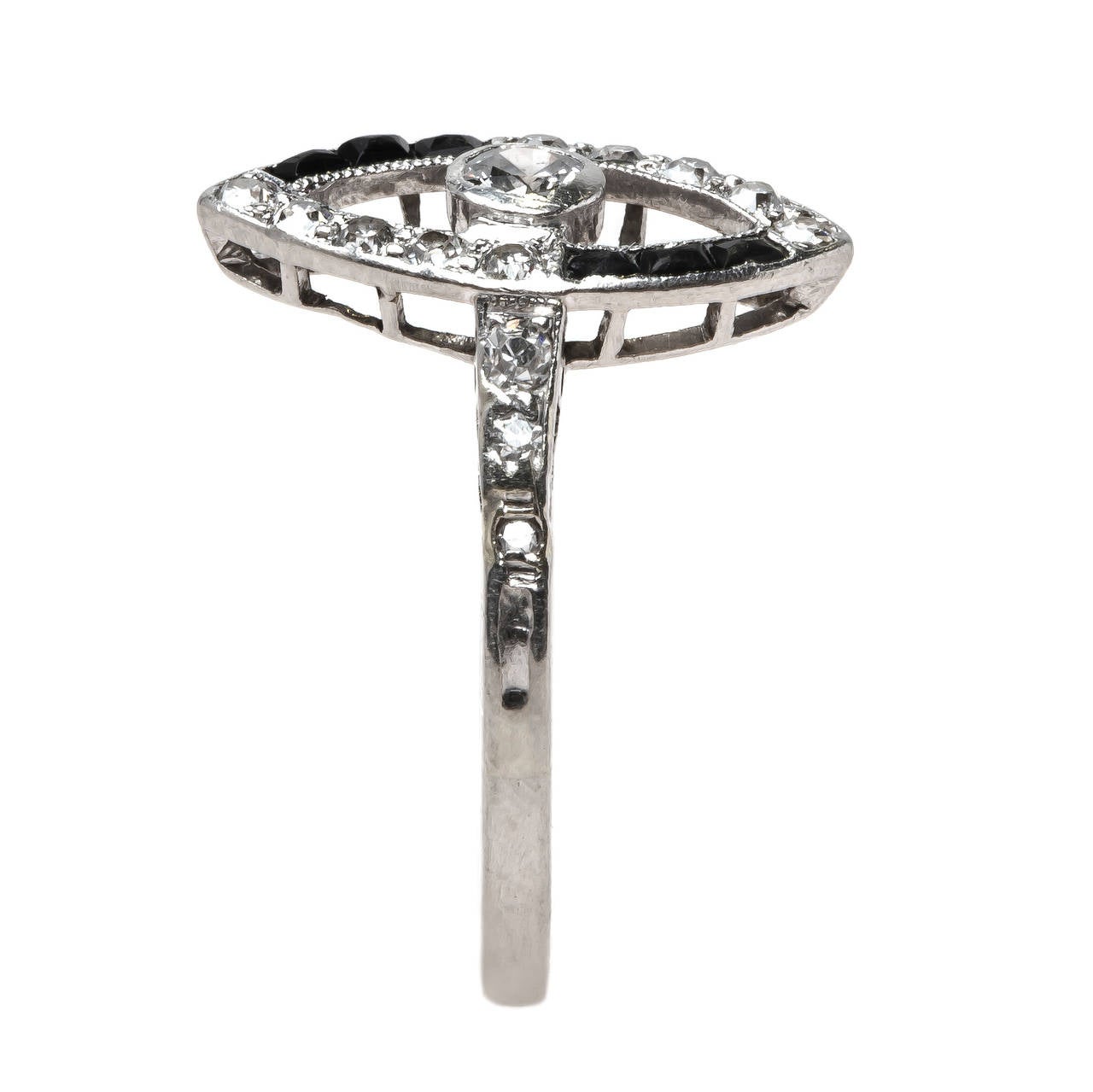 Remarkably Unusual Art Deco Navette Shaped Black Onyx Diamond Platinum Ring 1