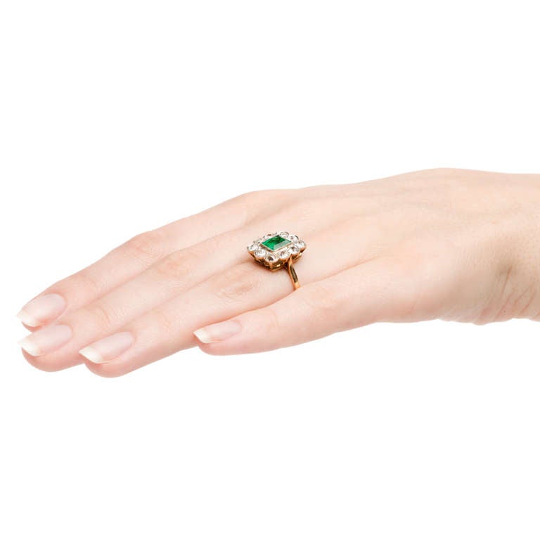 Emerald and Diamond Halo Victorian Engagement Ring In Excellent Condition In Los Angeles, CA