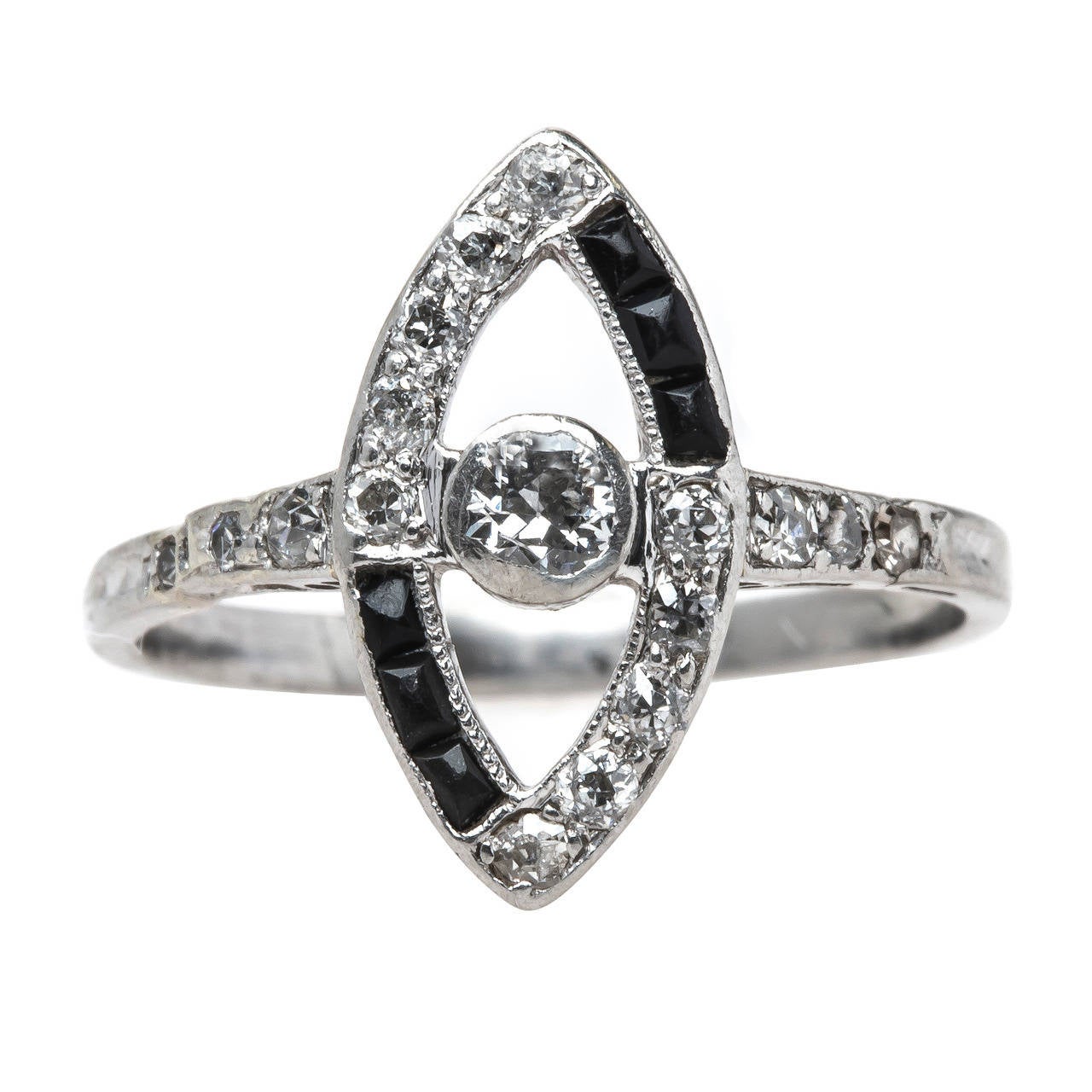 Remarkably Unusual Art Deco Navette Shaped Black Onyx Diamond Platinum Ring