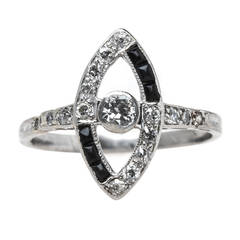 Antique Remarkably Unusual Art Deco Navette Shaped Black Onyx Diamond Platinum Ring