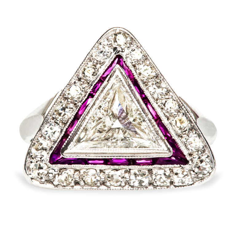 Triangle Cut Diamond and Ruby Platinum Art Deco Engagement Ring
