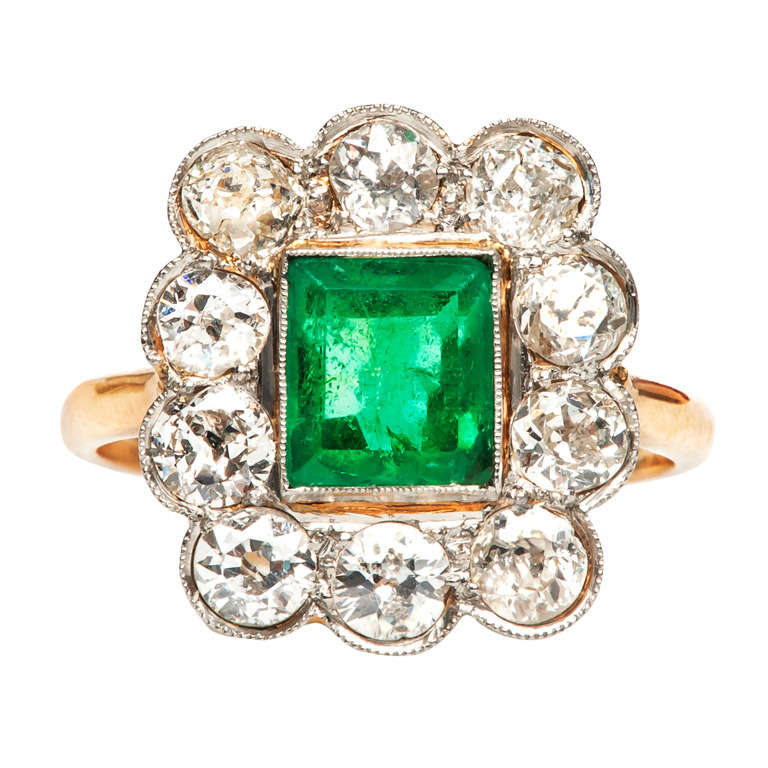 Emerald and Diamond Halo Victorian Engagement Ring