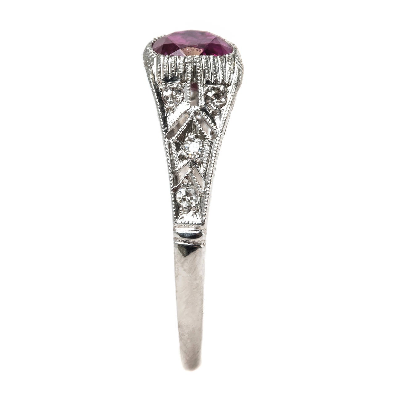 Cheerful Art Deco Deep Red Burma Ruby Platinum Engagement Ring For Sale 1