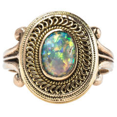 Victorian Era Black Cabochon Opal Cocktail Ring with Rope Motif