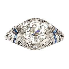 Vintage 1.45 Carat Diamond and Sapphire Platinum Edwardian Engagement Ring