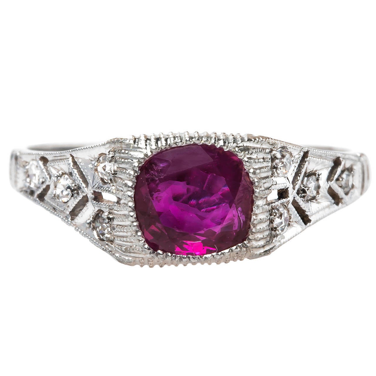 Cheerful Art Deco Deep Red Burma Ruby Platinum Engagement Ring For Sale