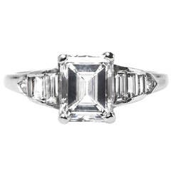 Incredible Late Art Deco Emerald Cut Diamond Platinum Engagement Ring