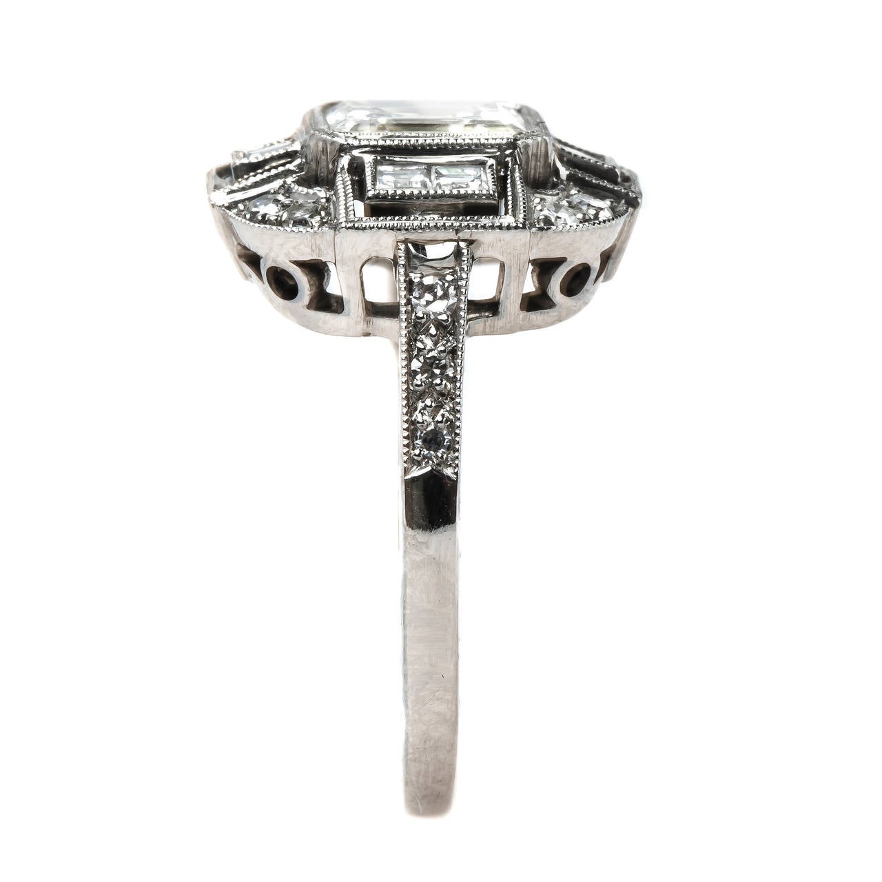 Emerald Cut Diamond Platinum Engagement Ring In New Condition In Los Angeles, CA