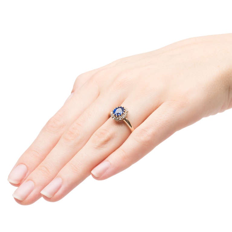 Sapphire & Diamond Halo Victorian Engagement Ring In Excellent Condition In Los Angeles, CA
