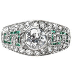Fabulous Art Deco Bombé Style Emerald Diamond Platinum Engagement Ring