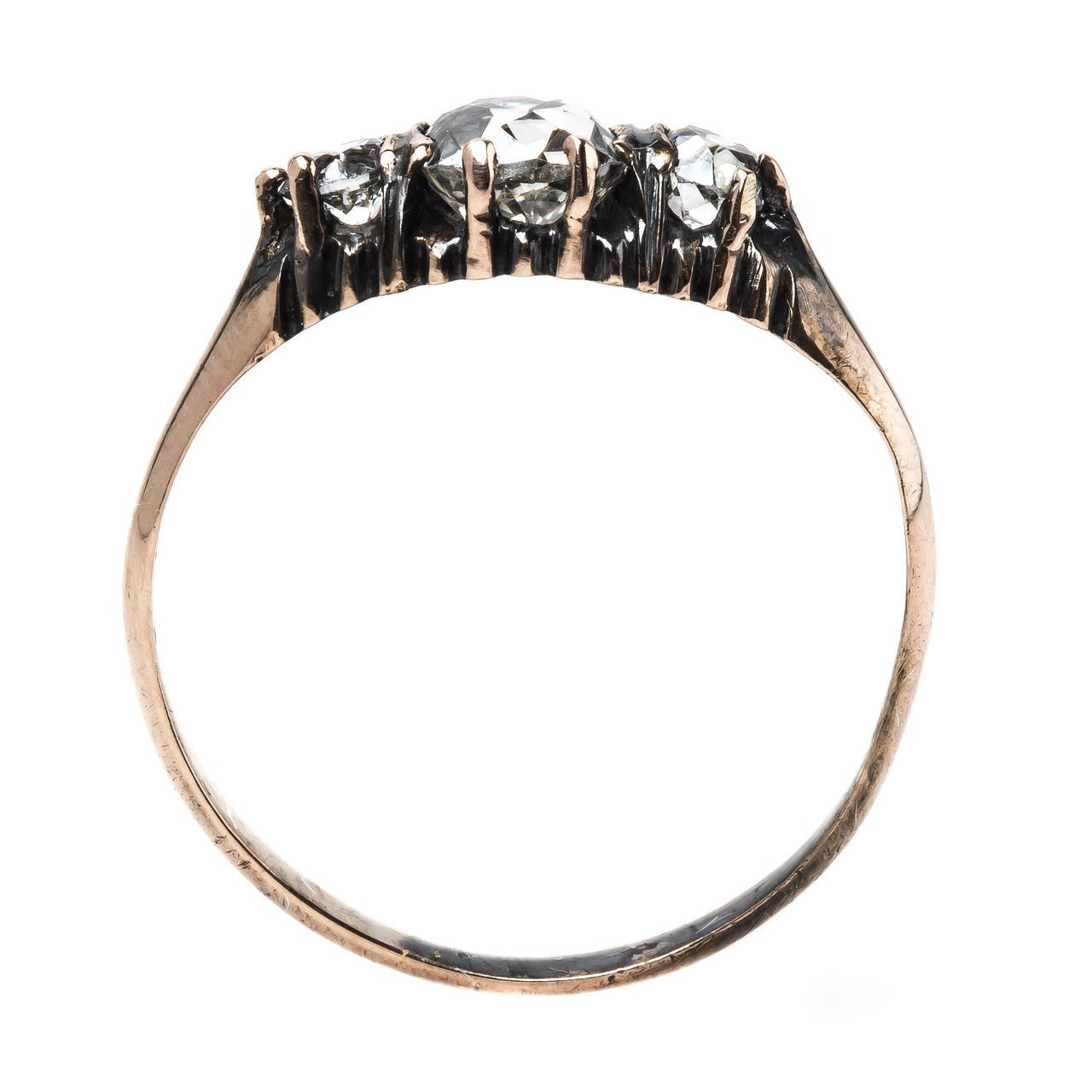 Victorian Three Stone Diamond Oxidized Gold Engagement Ring For Sale 1