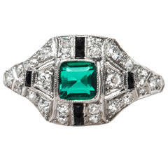Fantastically Unique Art Deco Onyx Emerald Diamond Ring