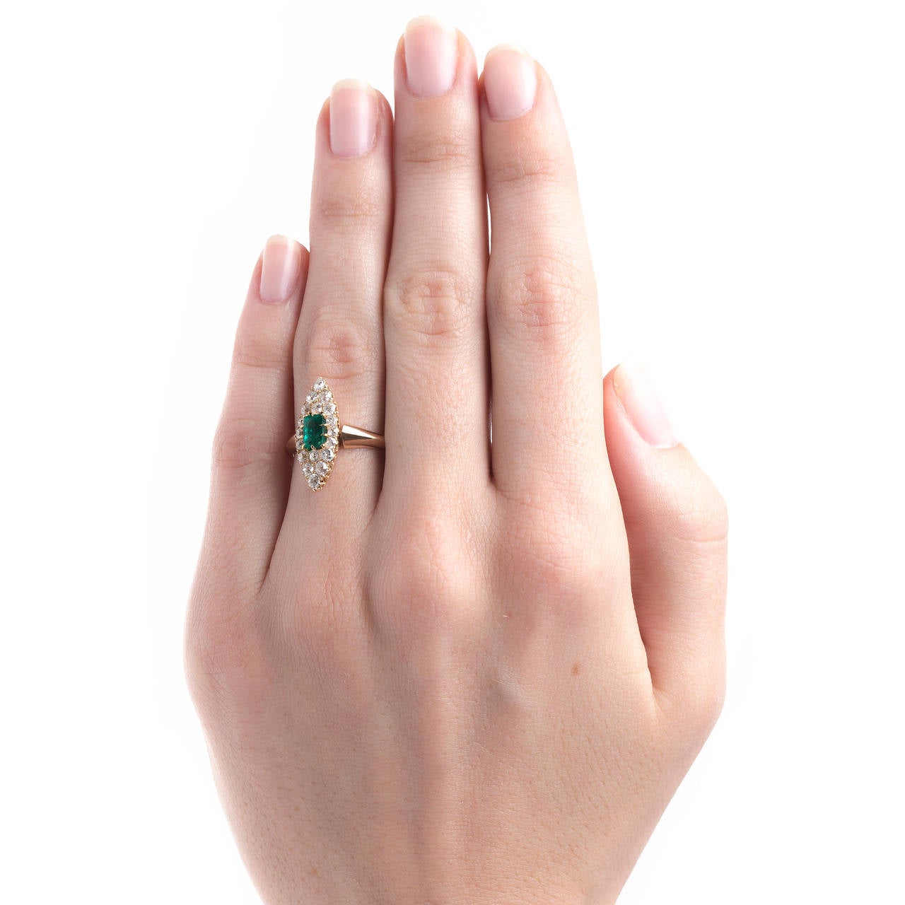 Striking Victorian Era Emerald Old Mine Cut Diamond Navette Ring In Excellent Condition For Sale In Los Angeles, CA