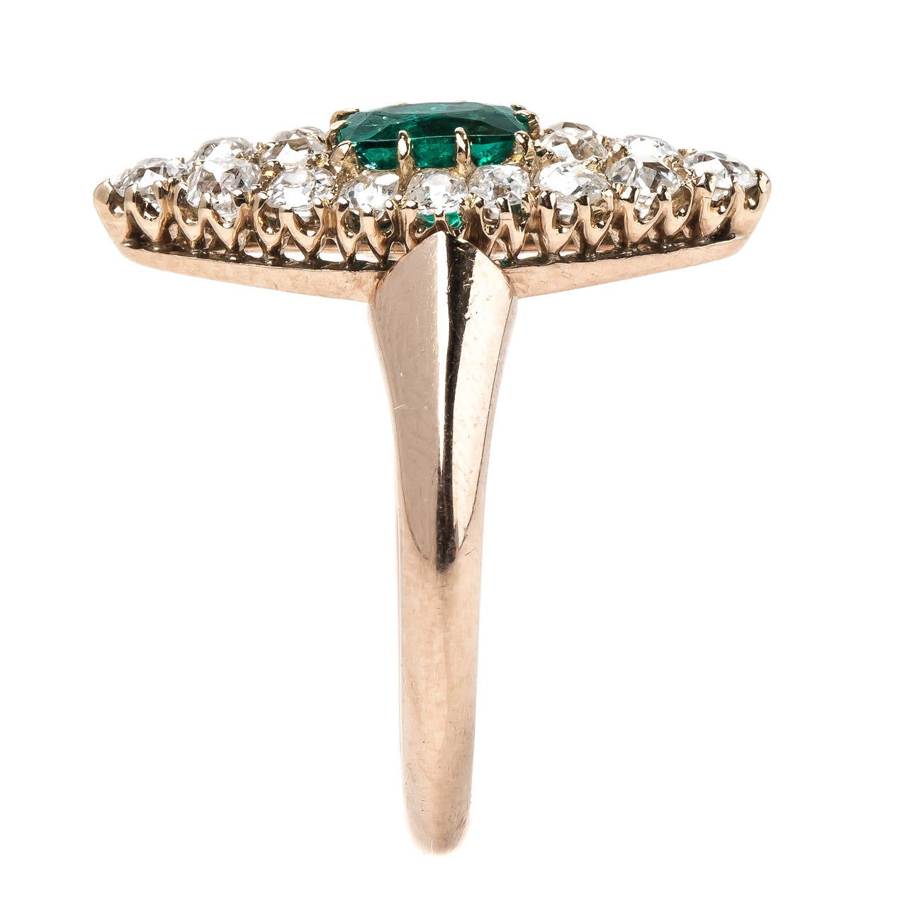 Striking Victorian Era Emerald Old Mine Cut Diamond Navette Ring For Sale 1