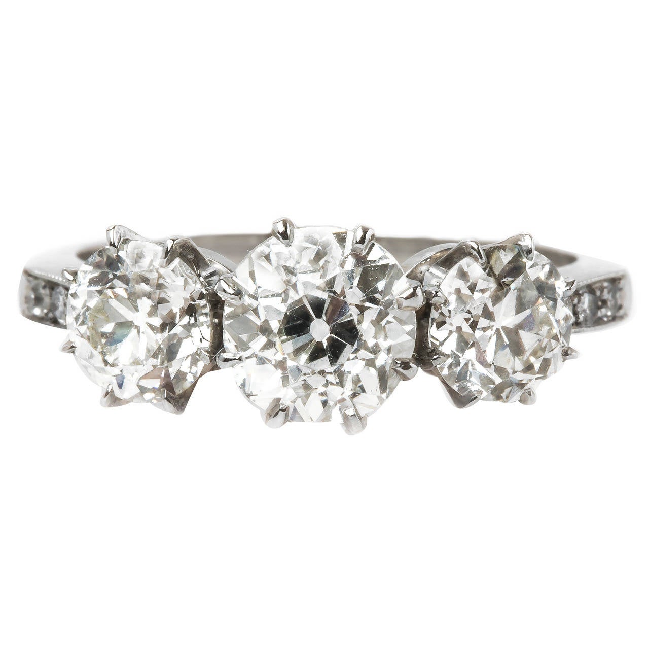 Dazzling Three-Stone Diamond Platinum Engagement Ring For Sale