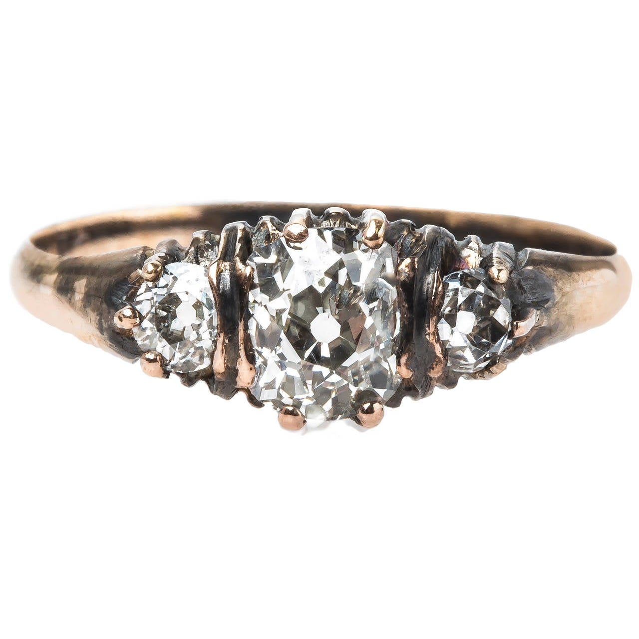 Victorian Three Stone Diamond Oxidized Gold Engagement Ring For Sale