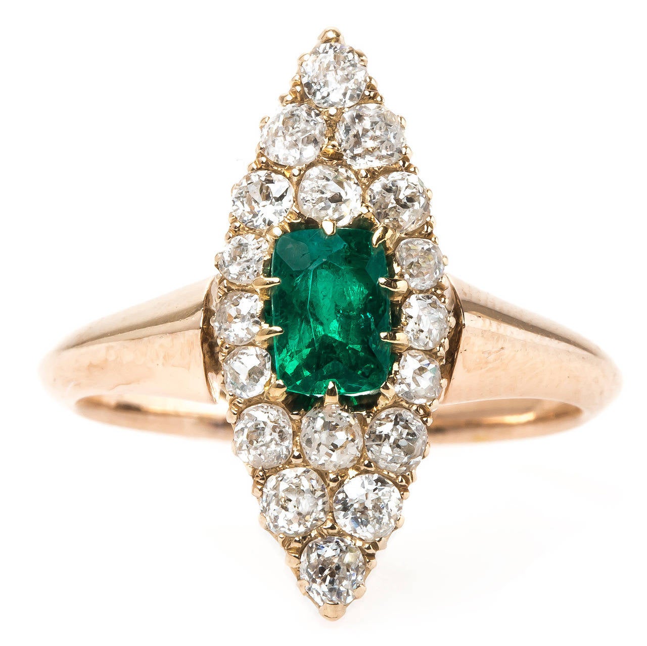 Striking Victorian Era Emerald Old Mine Cut Diamond Navette Ring For Sale