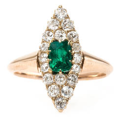 Striking Victorian Era Emerald Old Mine Cut Diamond Navette Ring