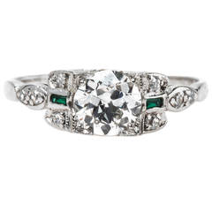 Art Deco GIA Cert Diamond Platinum Ring with Synthetic Emerald Accents