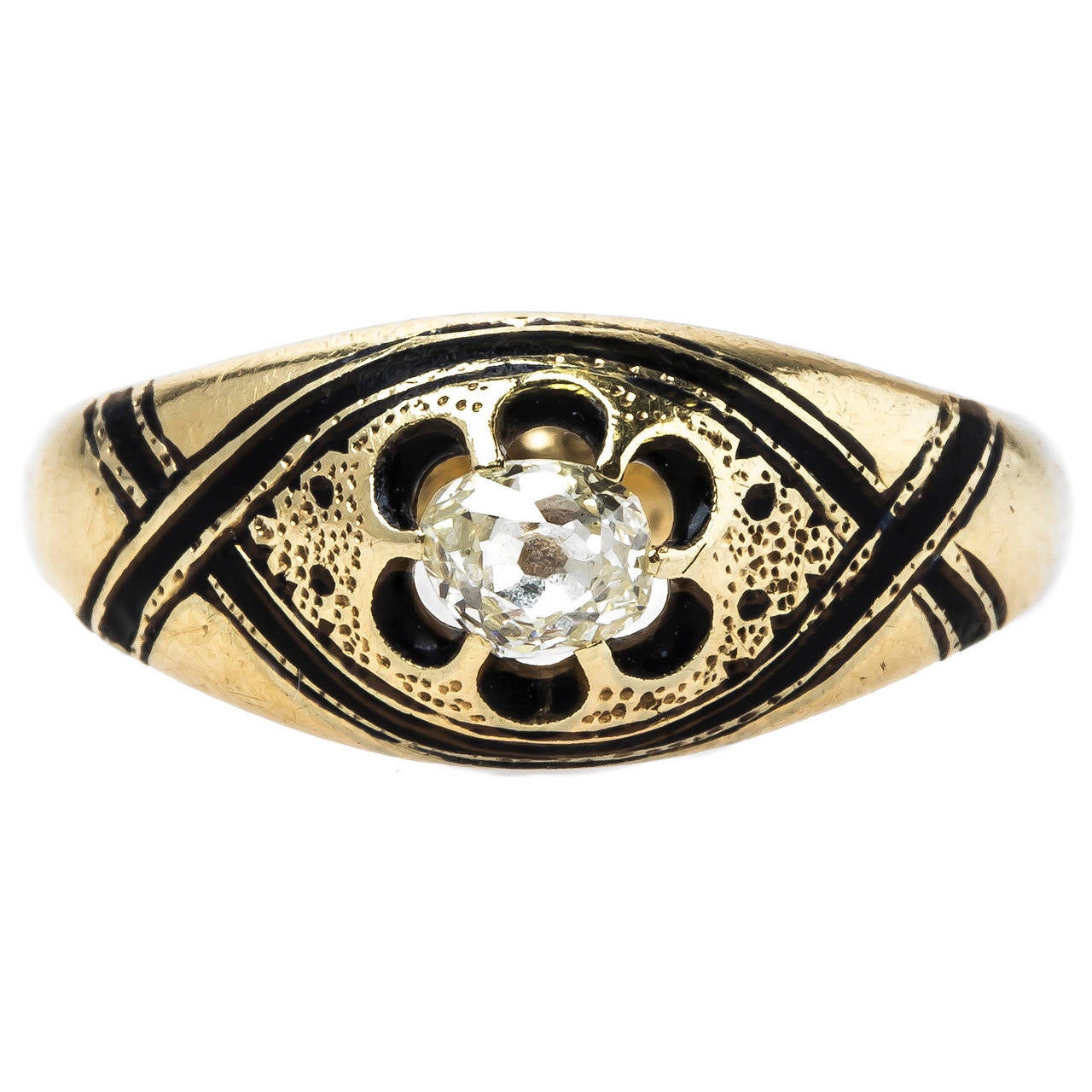 Unique Early Victorian Era Black Enamel Gold Solitaire Bombe Ring For Sale