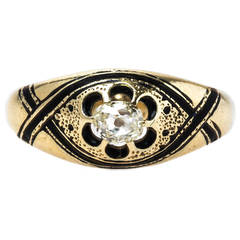 Antique Unique Early Victorian Era Black Enamel Gold Solitaire Bombe Ring