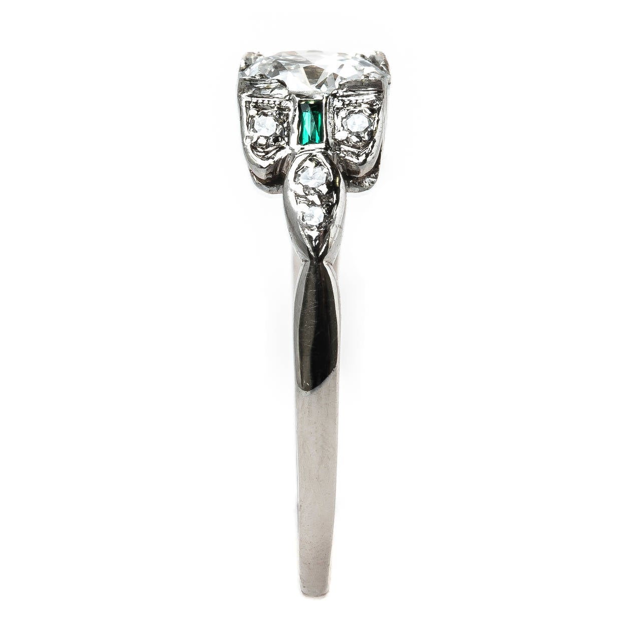 Art Deco GIA Cert Diamond Platinum Ring with Synthetic Emerald Accents 1
