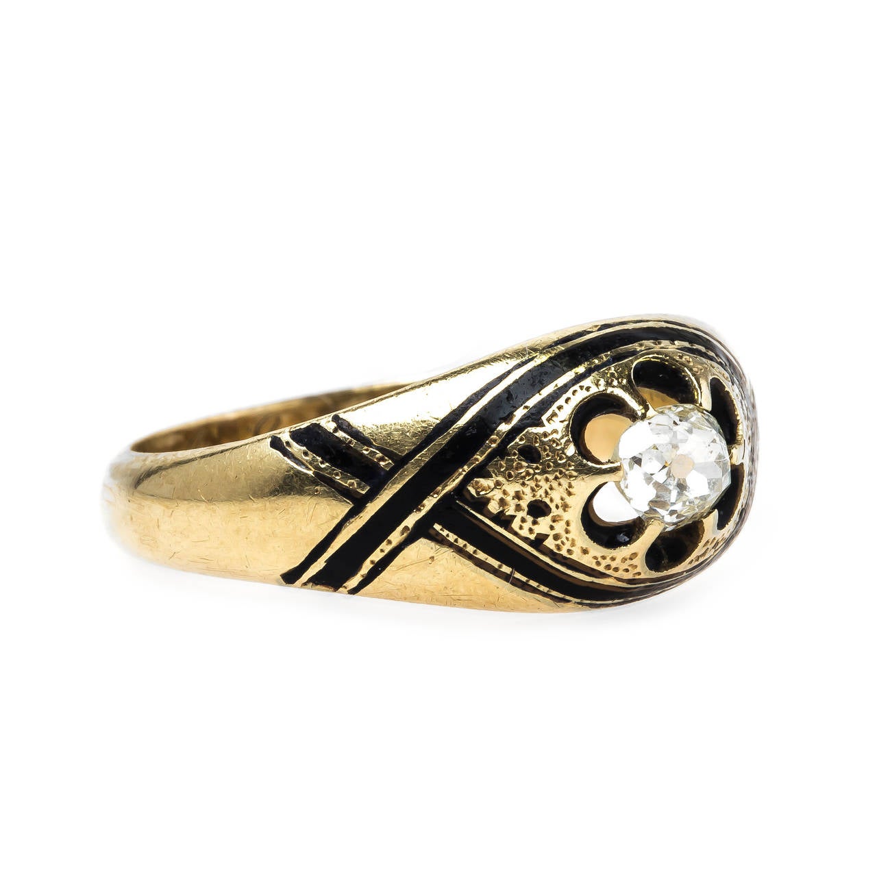 Wilshire is splendid early Victorian era (circa 1850) 14k yellow gold bombe style ring centering a solitary Old Mine Cut diamond gauged at approximately 0.20ct graded K-L color and VS1 clarity set within a beautiful six prong setting and bordered by