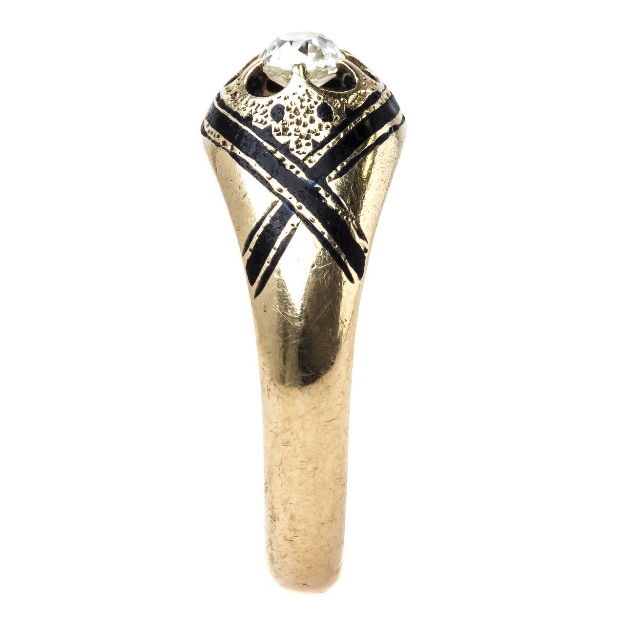 Women's Unique Early Victorian Era Black Enamel Gold Solitaire Bombe Ring For Sale