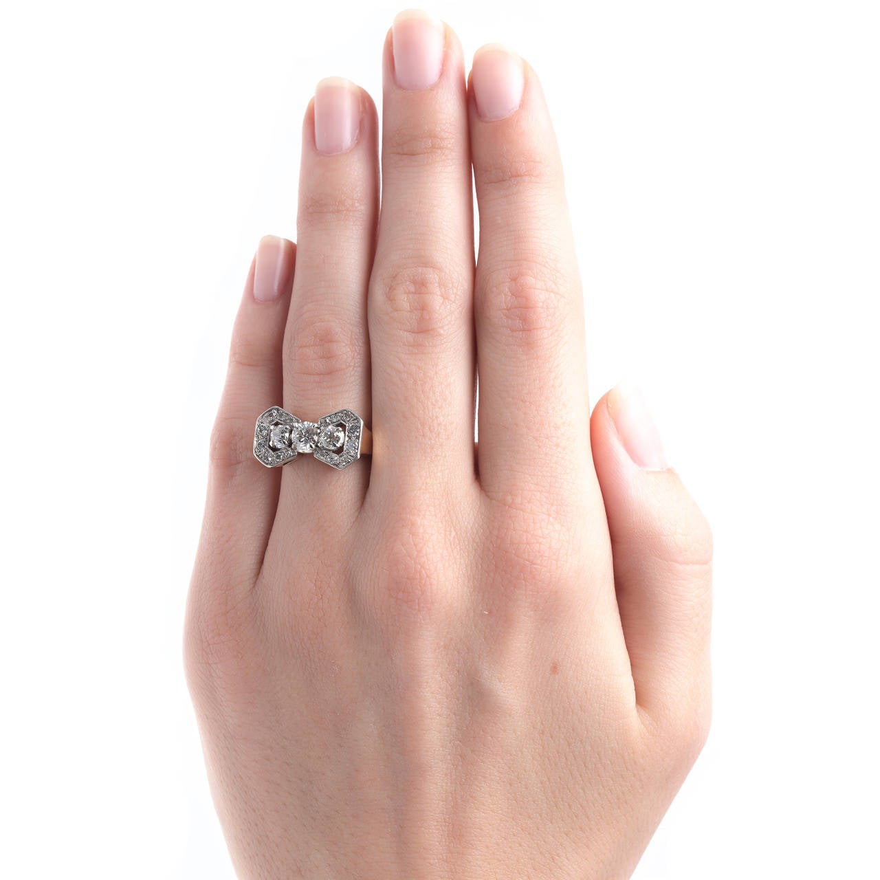 Retro Diamond Platinum Bow Motif Engagement Ring In Excellent Condition In Los Angeles, CA