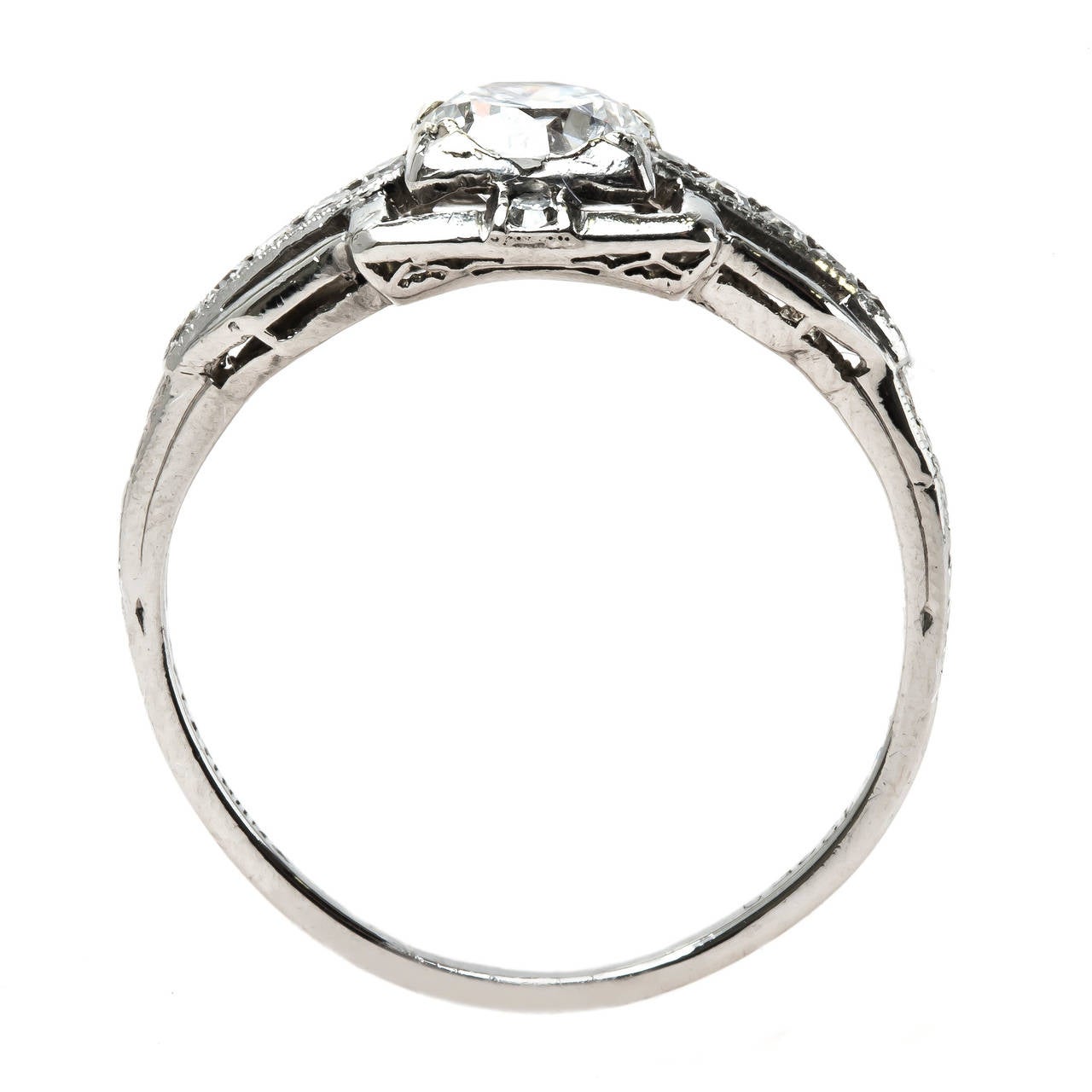 Classic Art Deco Round Brilliant Cut Diamond Platinum Engagement Ring For Sale 1