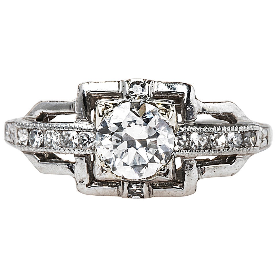 Classic Art Deco Round Brilliant Cut Diamond Platinum Engagement Ring For Sale