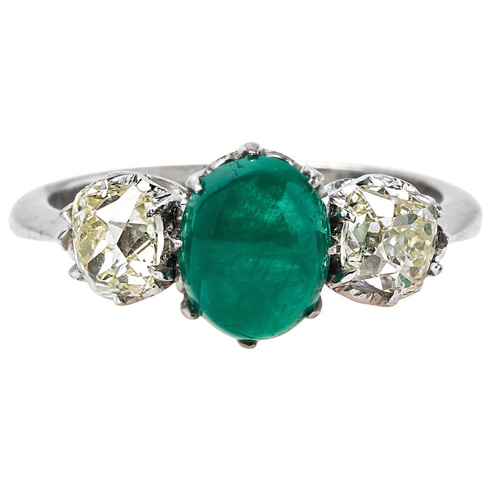 Art Deco 1.75 Carat Colombian Emerald Diamond Three Stone Ring