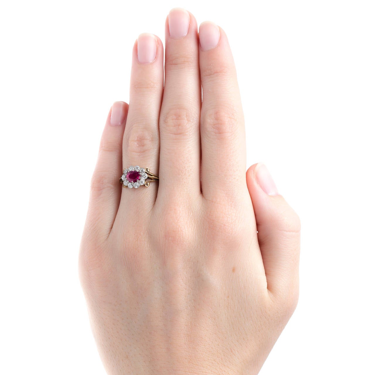 Edwardian Unheated Burmese Ruby Diamond Halo Gold Engagement Ring In Excellent Condition For Sale In Los Angeles, CA