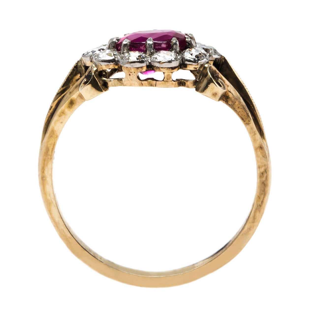 Women's Edwardian Unheated Burmese Ruby Diamond Halo Gold Engagement Ring For Sale