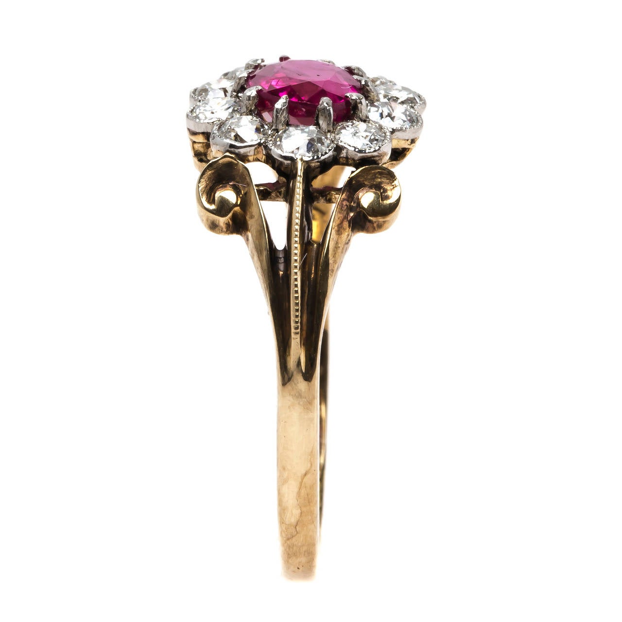 Edwardian Unheated Burmese Ruby Diamond Halo Gold Engagement Ring For Sale 1