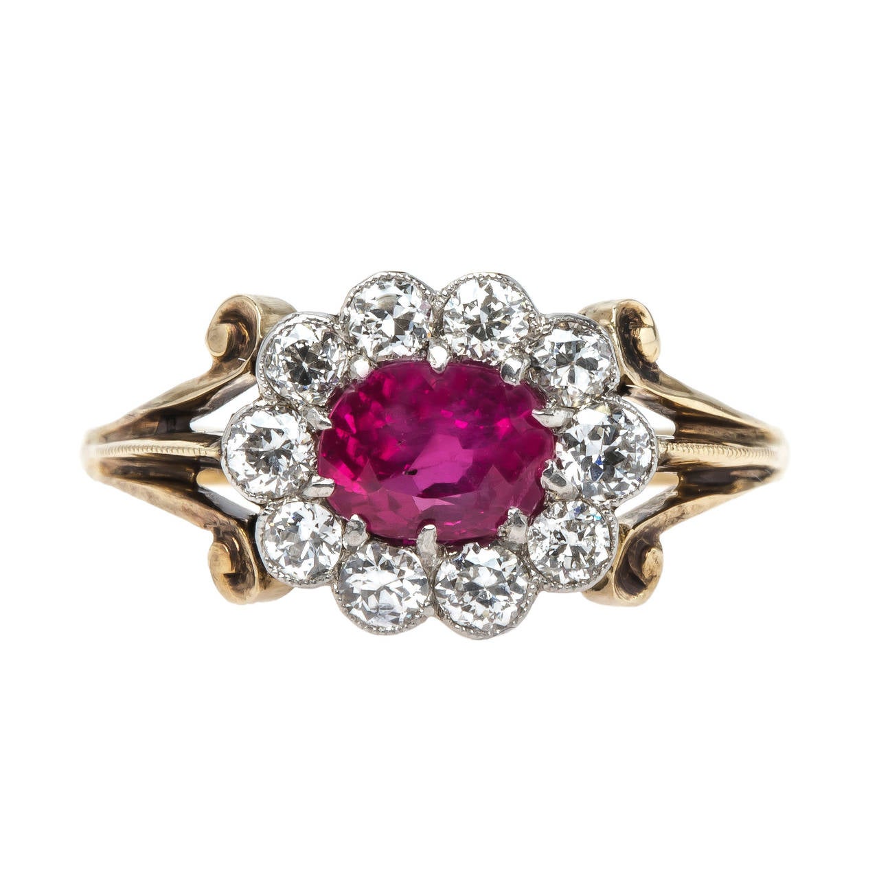 Edwardian Unheated Burmese Ruby Diamond Halo Gold Engagement Ring For Sale