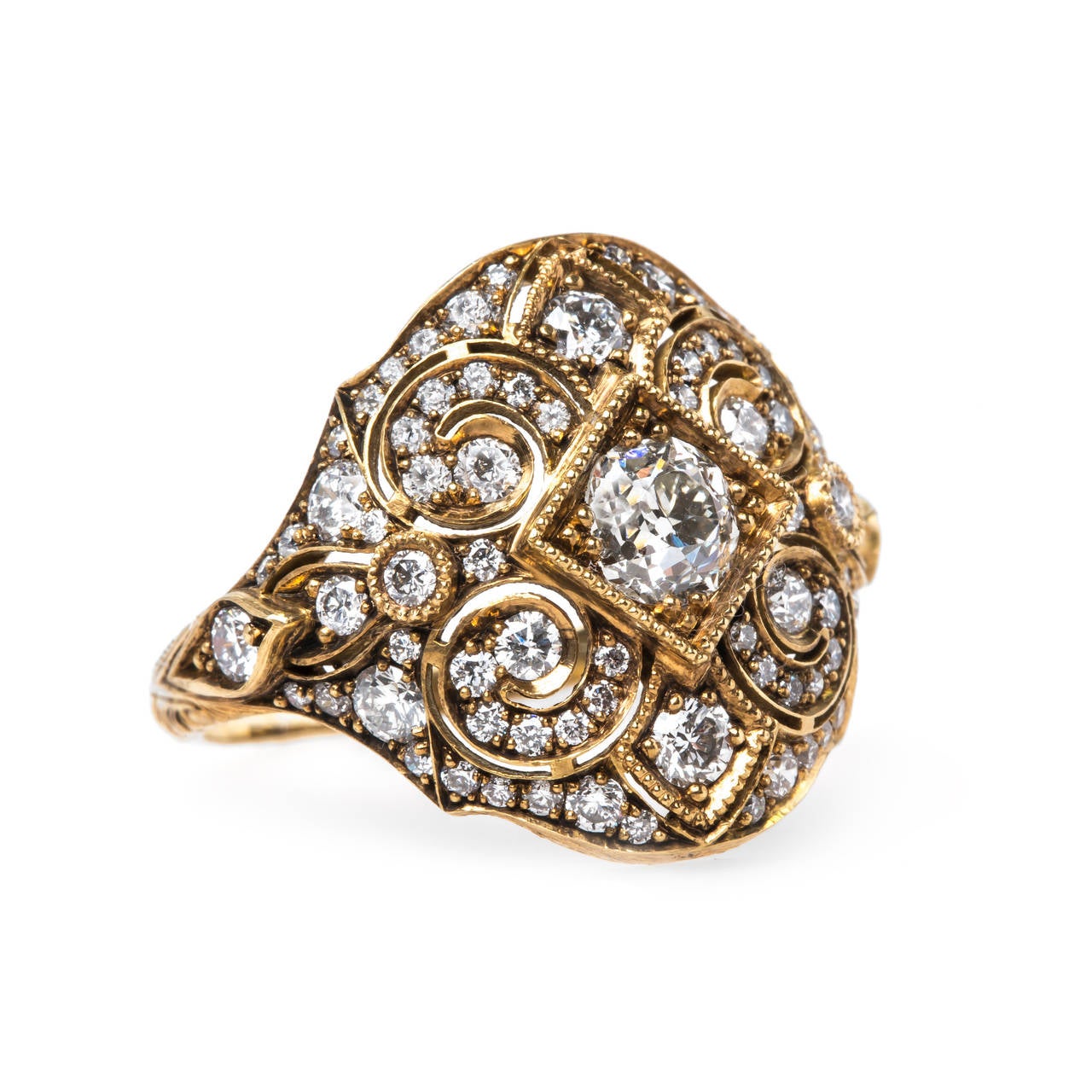 Bel Air is an extraordinary Trumpet & Horn Original ring that we are proud to offer in our vintage-inspired collection. The handmade 18k yellow gold bombe style ring centers a 0.49ct EGL certified Old Mine Cut diamond graded I color and VS2 clarity.