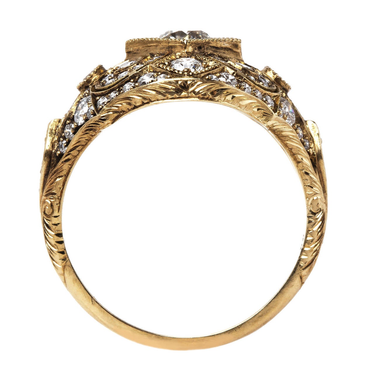 Women's Extraordinary Diamond Gold Scrolling Motif Bombe Ring For Sale