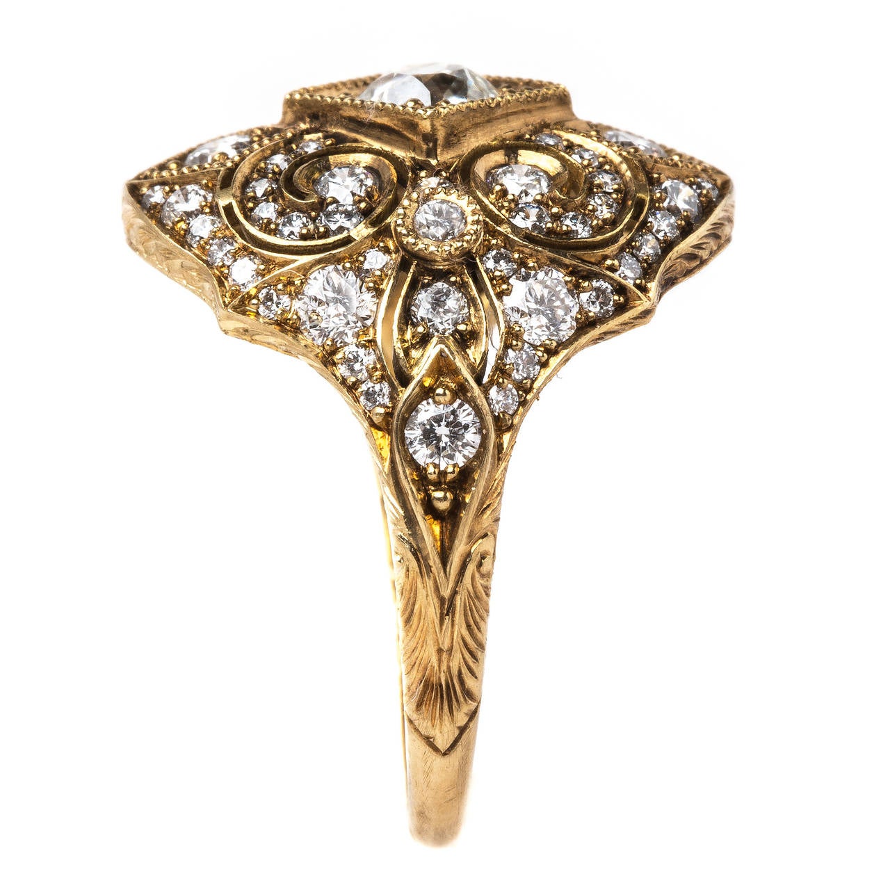 Extraordinary Diamond Gold Scrolling Motif Bombe Ring In New Condition For Sale In Los Angeles, CA