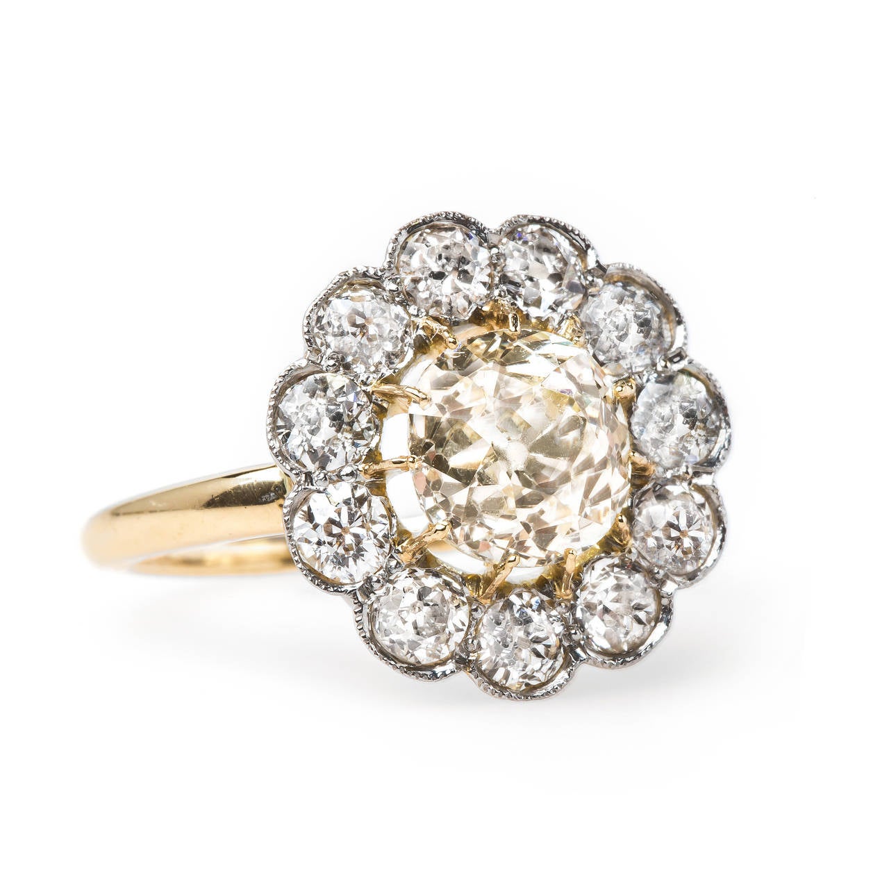 Victorian 1.97 Carat Diamond Gold Platinum Cluster Engagement Ring